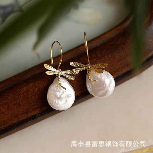 Elegant Pearl Dragonfly Earrings
