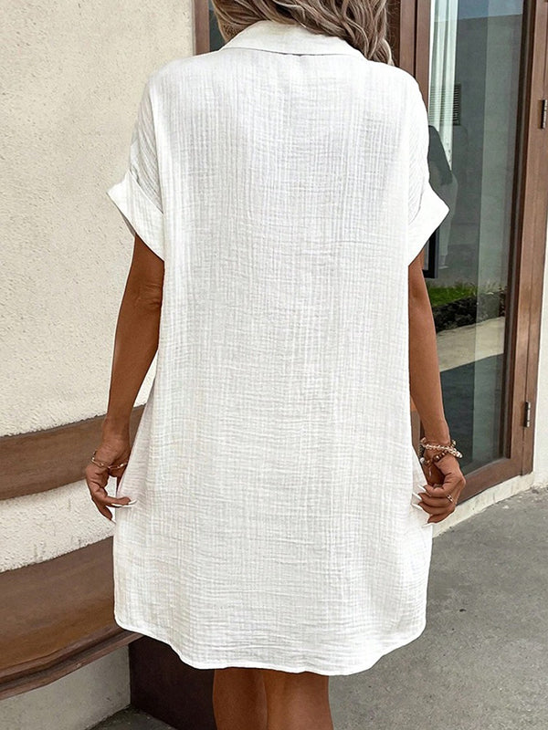 Loose Short Sleeves Pleated Split-joint Lapel Mini Dresses Shirt Dress