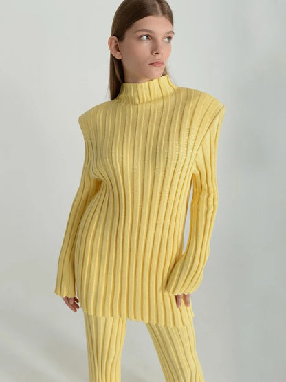 New Ribbed Outfits Knitted Long Sleeve Sweater Top and Pants 2 Piece Sets Loose Tracksuit Suit
