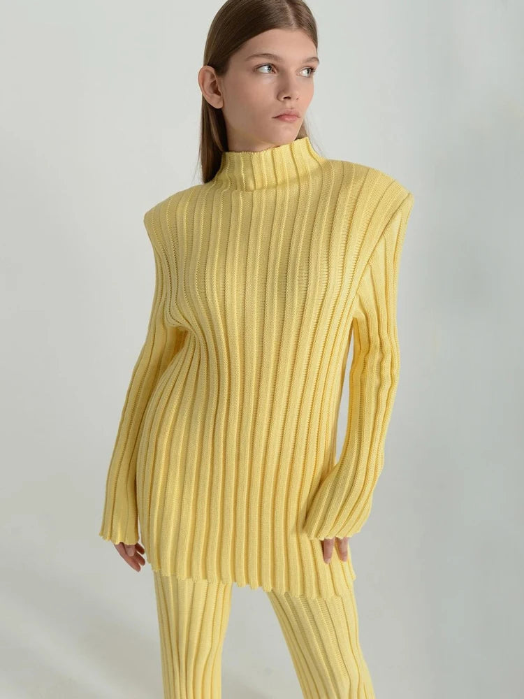 New Ribbed Outfits Knitted Long Sleeve Sweater Top and Pants 2 Piece Sets Loose Tracksuit Suit