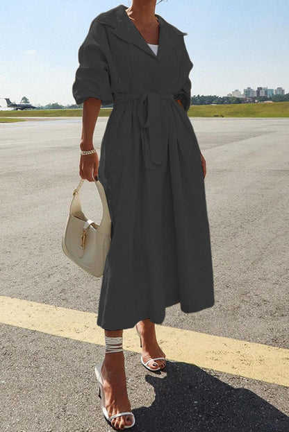 Color Lapel Long Sleeves Lace-up Waist Mid-length Coat