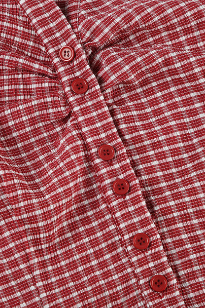 Red Plaid Polo Collar Button-down Cropped Blouse