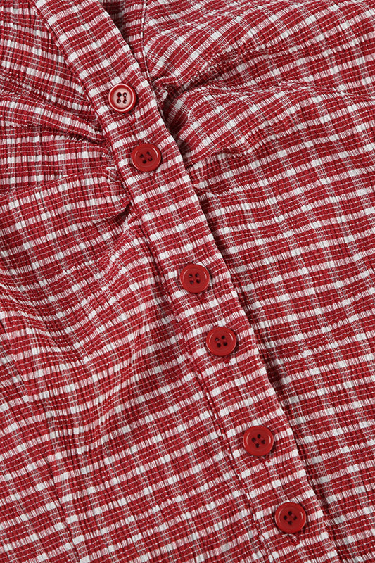 Red Plaid Polo Collar Button-down Cropped Blouse