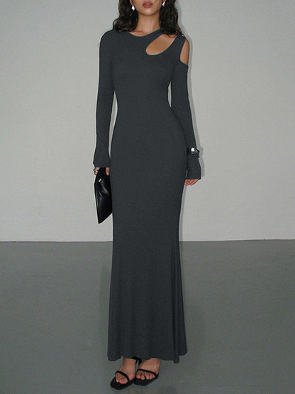 Long Sleeves Skinny Hollow Color Cold Shoulder Maxi Dresses