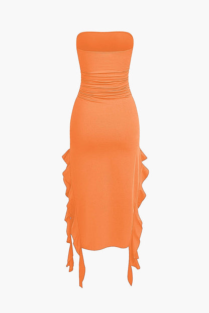 Color French Ruffle Hem Ruched Tube Maxi Dress