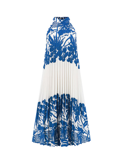 A-line Loose Hollow Pleated Printed Tied Mock Neck Midi Dresses