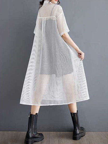 Half Sleeves Loose Hollow Color Split-joint Zipper Lapel Midi Dresses Shirt Dress