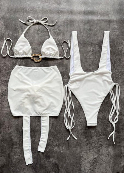 White Sands - 3-in-1 Cut-out Swimsuit Set With Wrap Skirt