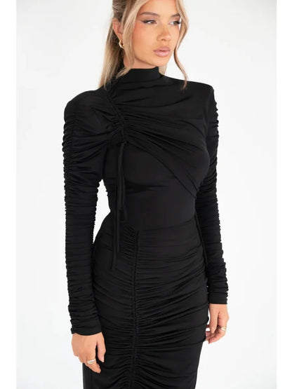 Long Sleeved Elastic Tight Pleated Maxi Dress Slim Party Club Evening Dress Autumn Winter New Vestido
