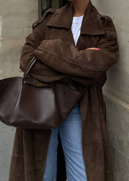 Suede Belted Long Trench Coat – Oversized Double-breasted Brown Jacket