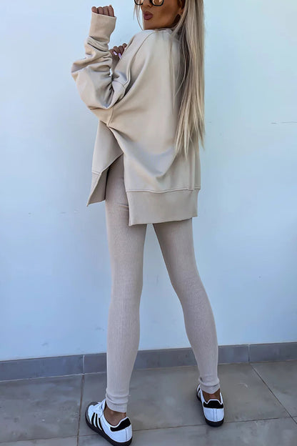 Color Loose Long Sleeve Slitsweatshirt and Elastic Waist Tight Pants Set