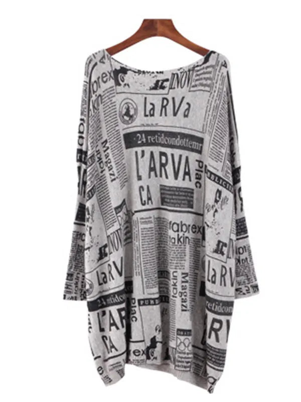Loose One-shoulder Newspaper Printed Split-joint Sweater