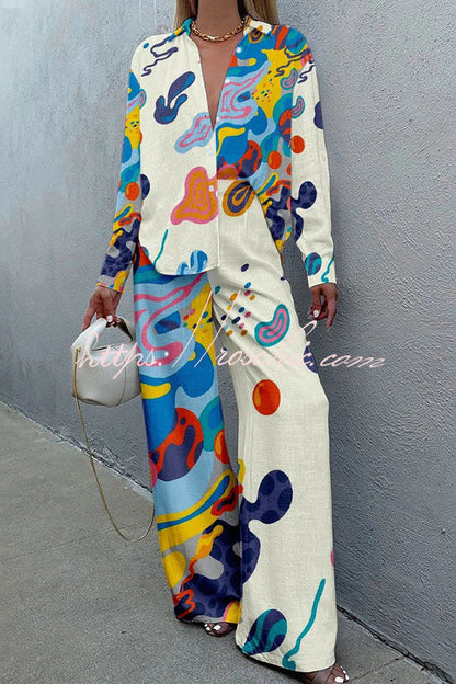 Art Print Buttoned Wide Leg Pant Suit