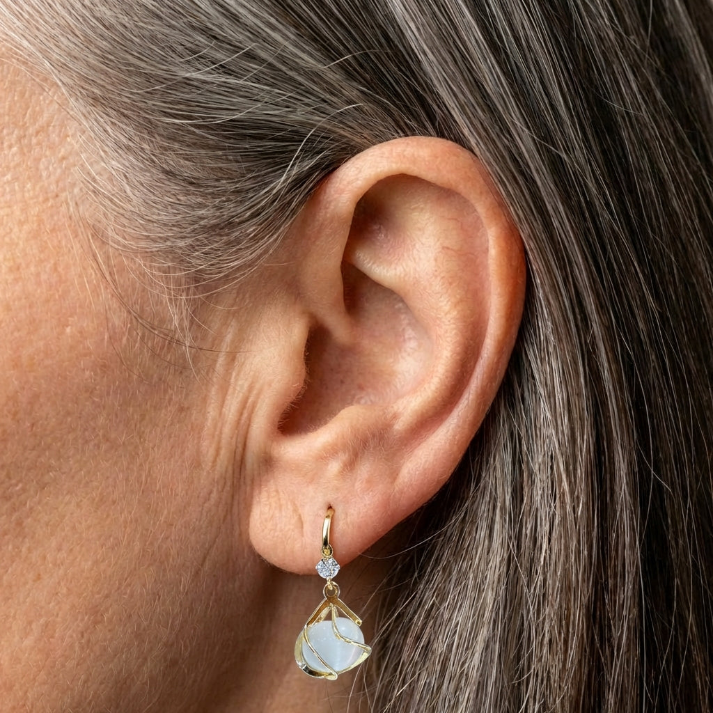Vintage White Opal Dangling Golden Earrings