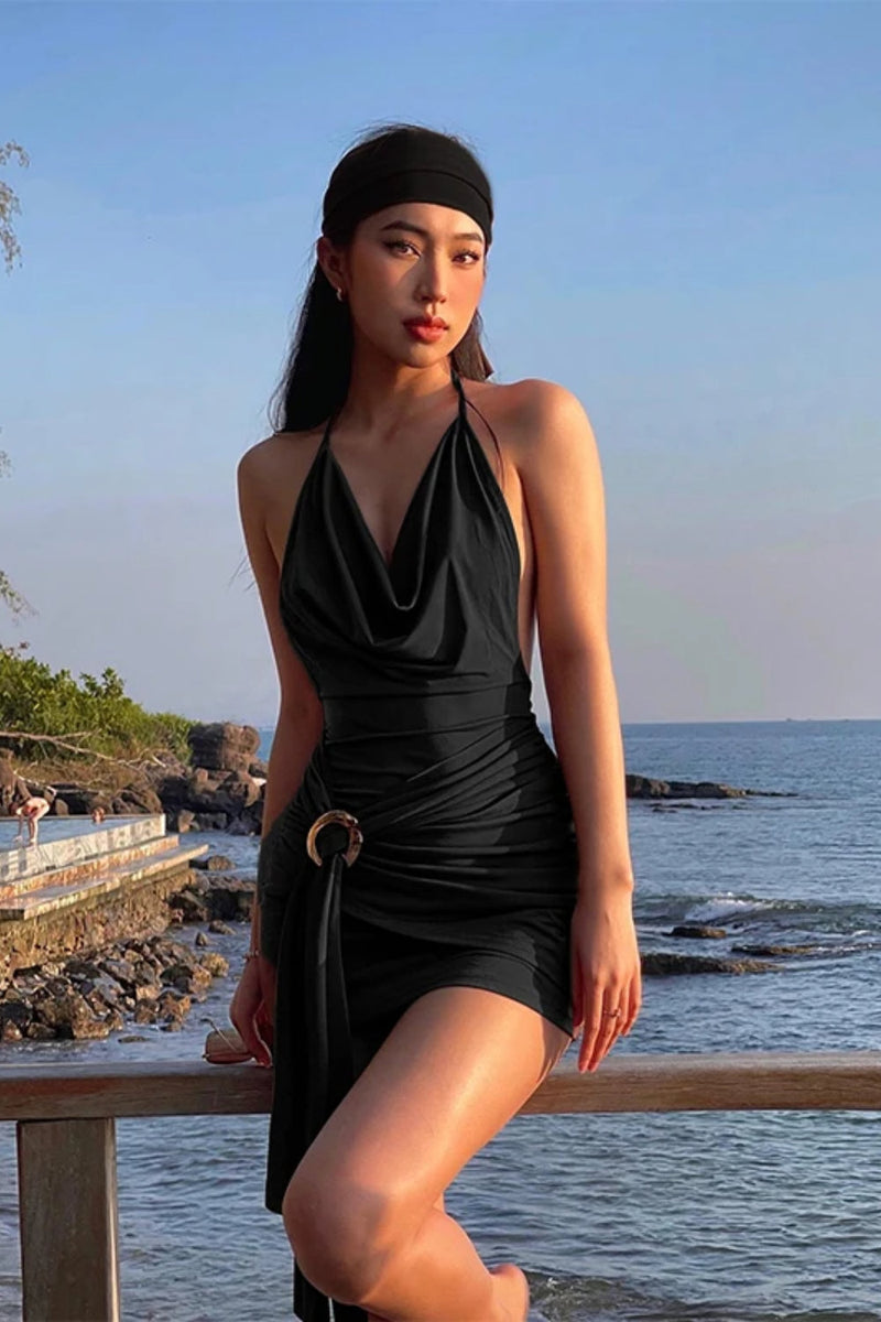 Pleated Brown A-line Maxi Dress