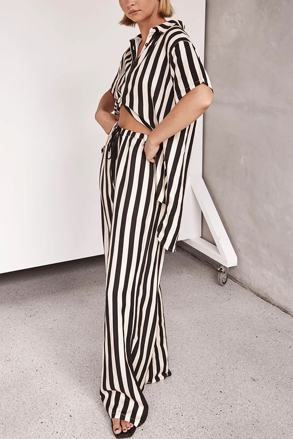 Erika Striped Shirt and Elastic Waist Pocket Wide Leg Pants Set