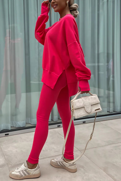 Color Loose Long Sleeve Slitsweatshirt and Elastic Waist Tight Pants Set