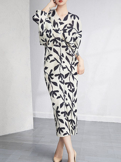 Urban Loose Batwing Sleeves Printed Pleated V-neck Midi Dresses