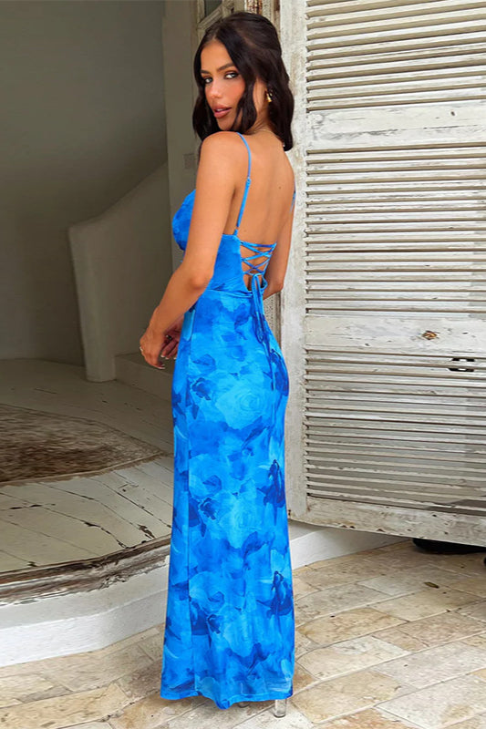 Print Ruffled Strap Bodycon Maxi Dress