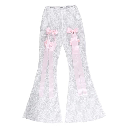 Bow Splice Lace Pants Sheer Slim High Waist Bottoms Hot Beach Party Club See Through Pant