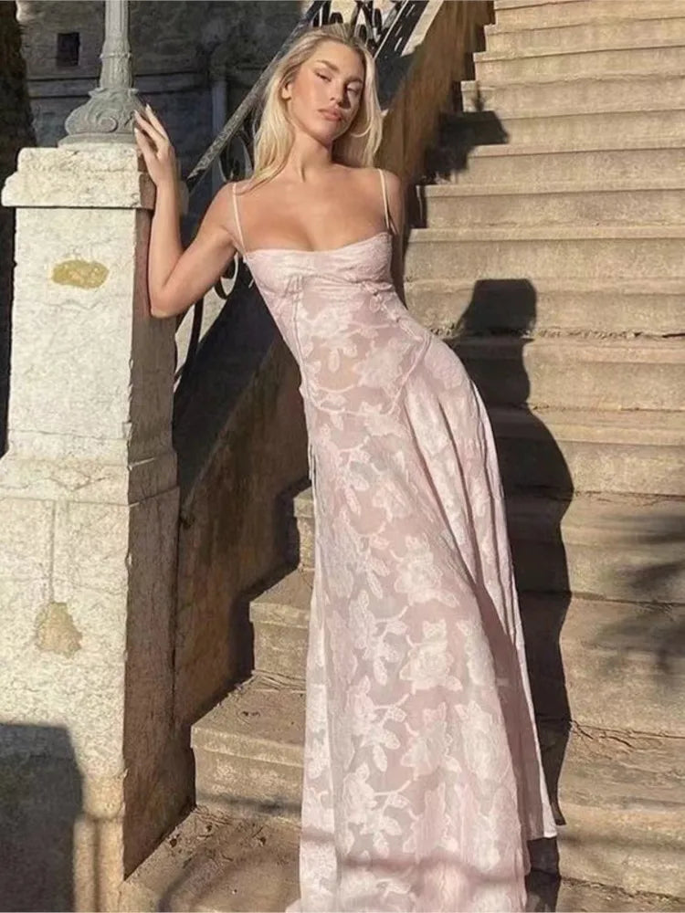 Summer New Dresses for Spaghetti Strap Lace Hollow Out Low Cut A-lin Long Dress Beach Vacation Vestidos