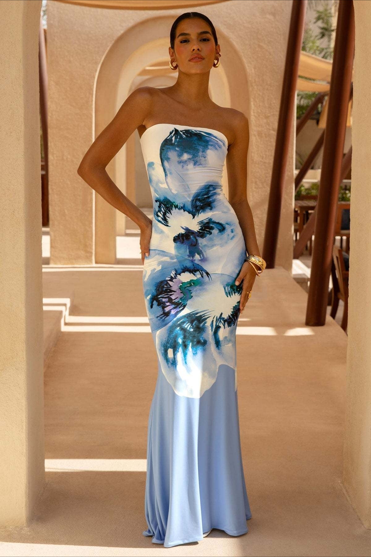 Bandeau Mermaid Print Maxi Dress