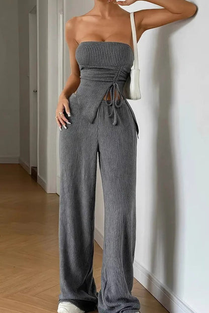 Wrap Front Split Hem Top Straight Pants Set