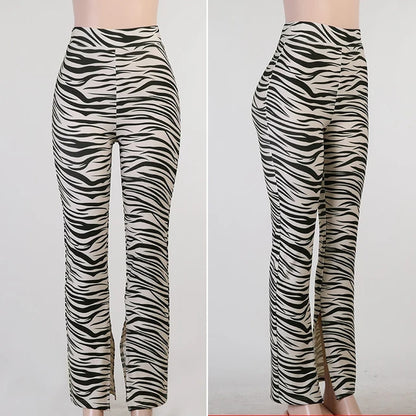 Female Trousers Zebra Print Straight Leg Pants Split Out Spring High Waist Pants