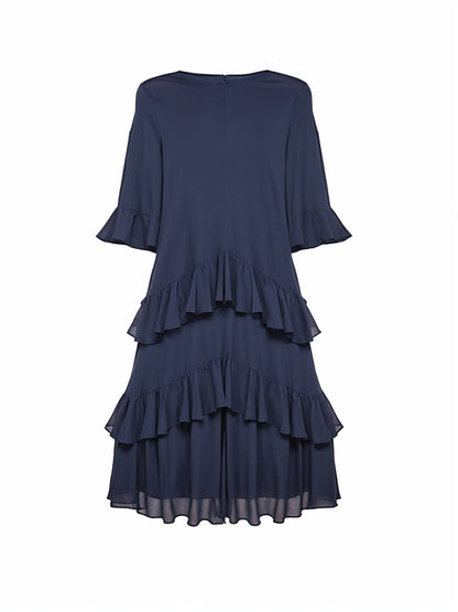 Half Sleeves Loose Layered Ruffle Trim Color Zipper Round-neck Midi Dresses