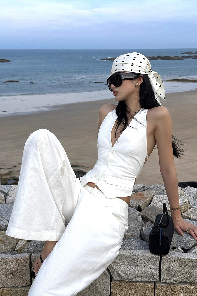 White Two Piece Halter Open Back Fitted Vest Pants Set