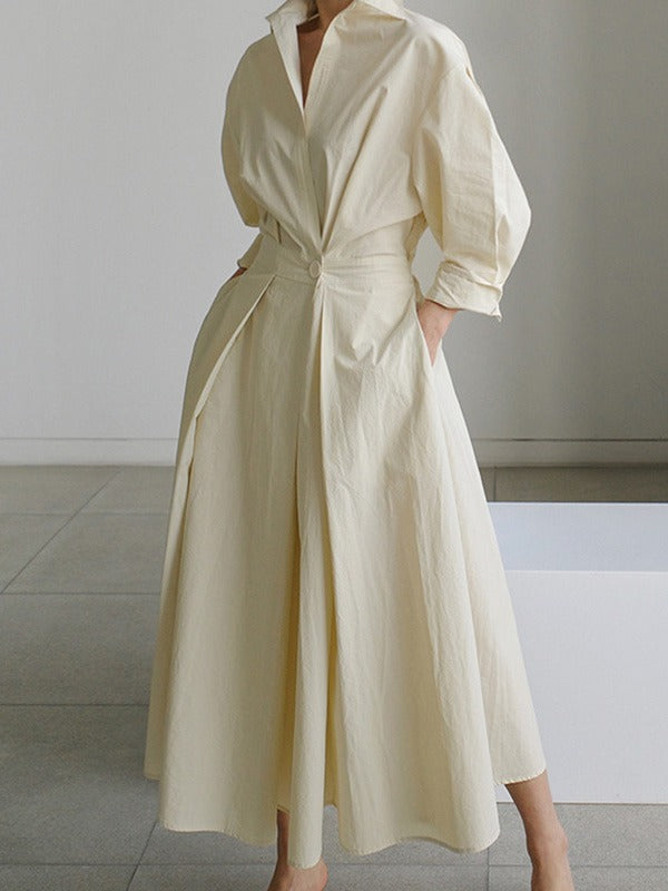 Long Sleeves Loose Pleated Color Split-joint Tied Waist Lapel Midi Dresses Shirt Dress