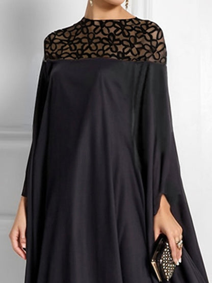 Batwing Sleeves Loose Jacquard See-through Color Split-joint Three-dimensional Flower Round-neck Maxi Dresses