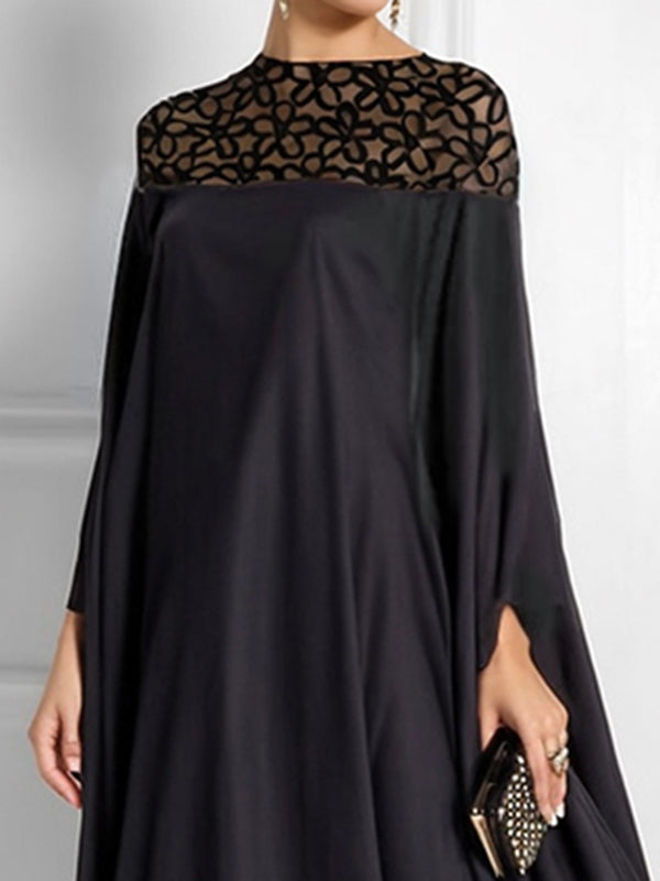 Batwing Sleeves Loose Jacquard See-through Color Split-joint Three-dimensional Flower Round-neck Maxi Dresses