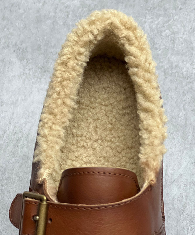 Coffee Flat Shoes for Cowhide Leather Fuzzy Wool Lined Flat Shoes for
