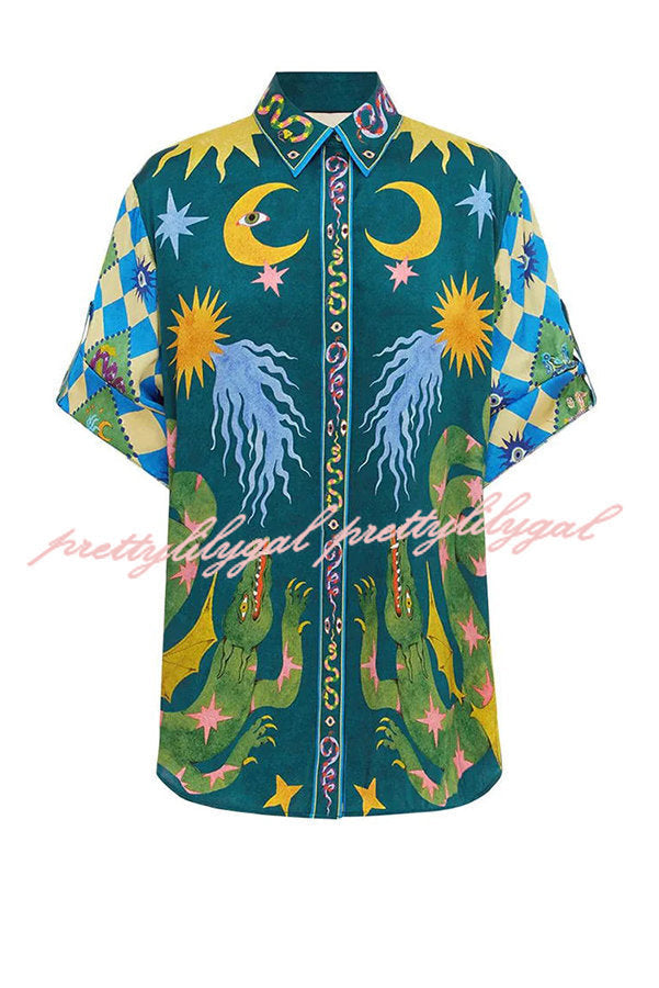 Beachy Linen Blend Unique Print Button Down Oversized Blouse