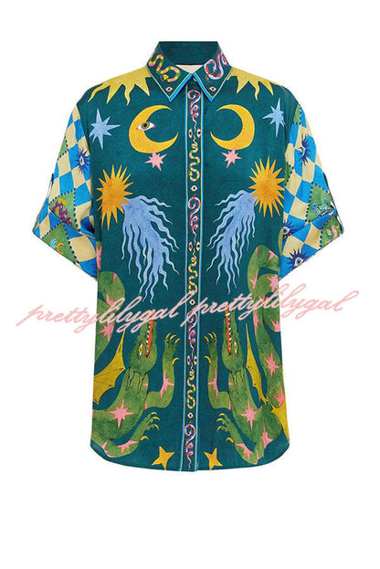 Beachy Linen Blend Unique Print Button Down Oversized Blouse