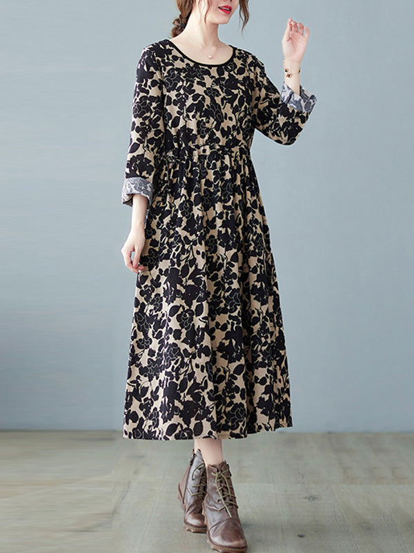 Artistic Retro Ramie Cotton Printed Pleated Round-neck Long Sleeves Midi Dress