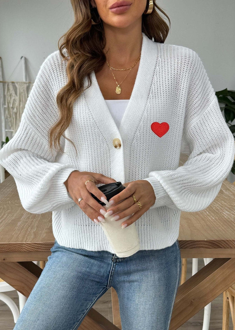 Heart Embroidered Button-up Knit Cardigan