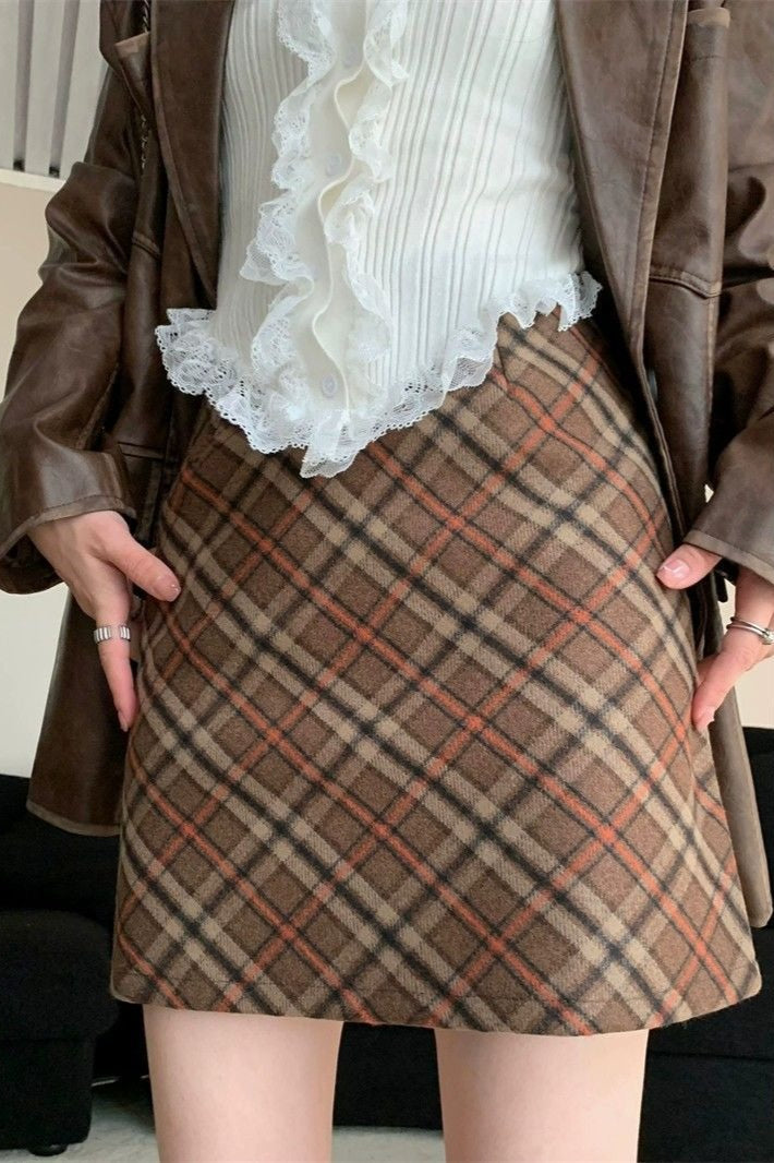 Tweed Plaid High Waist Fitted Short Skirt