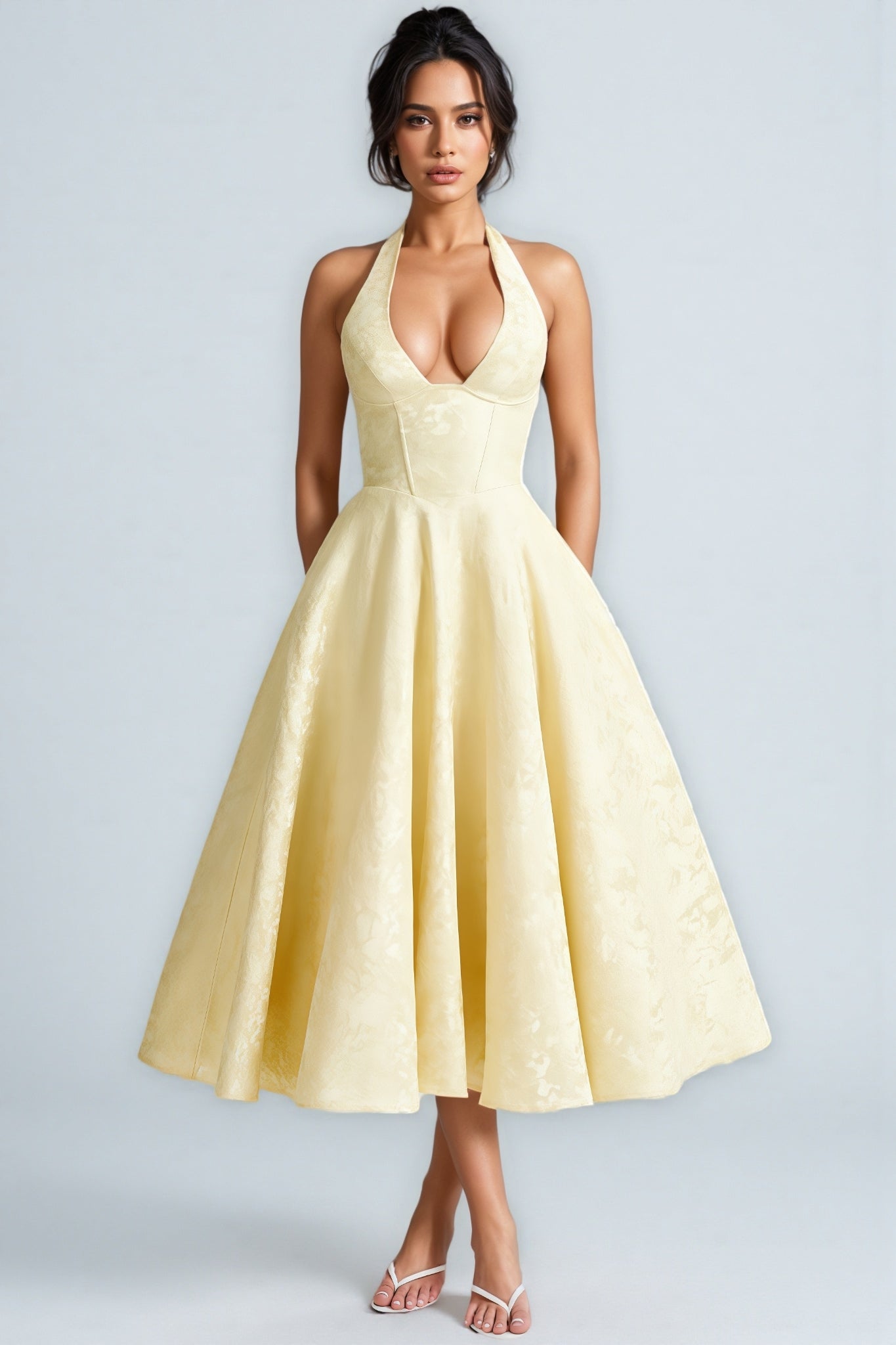 Zashy Yellow Tie Neck Midi Dress
