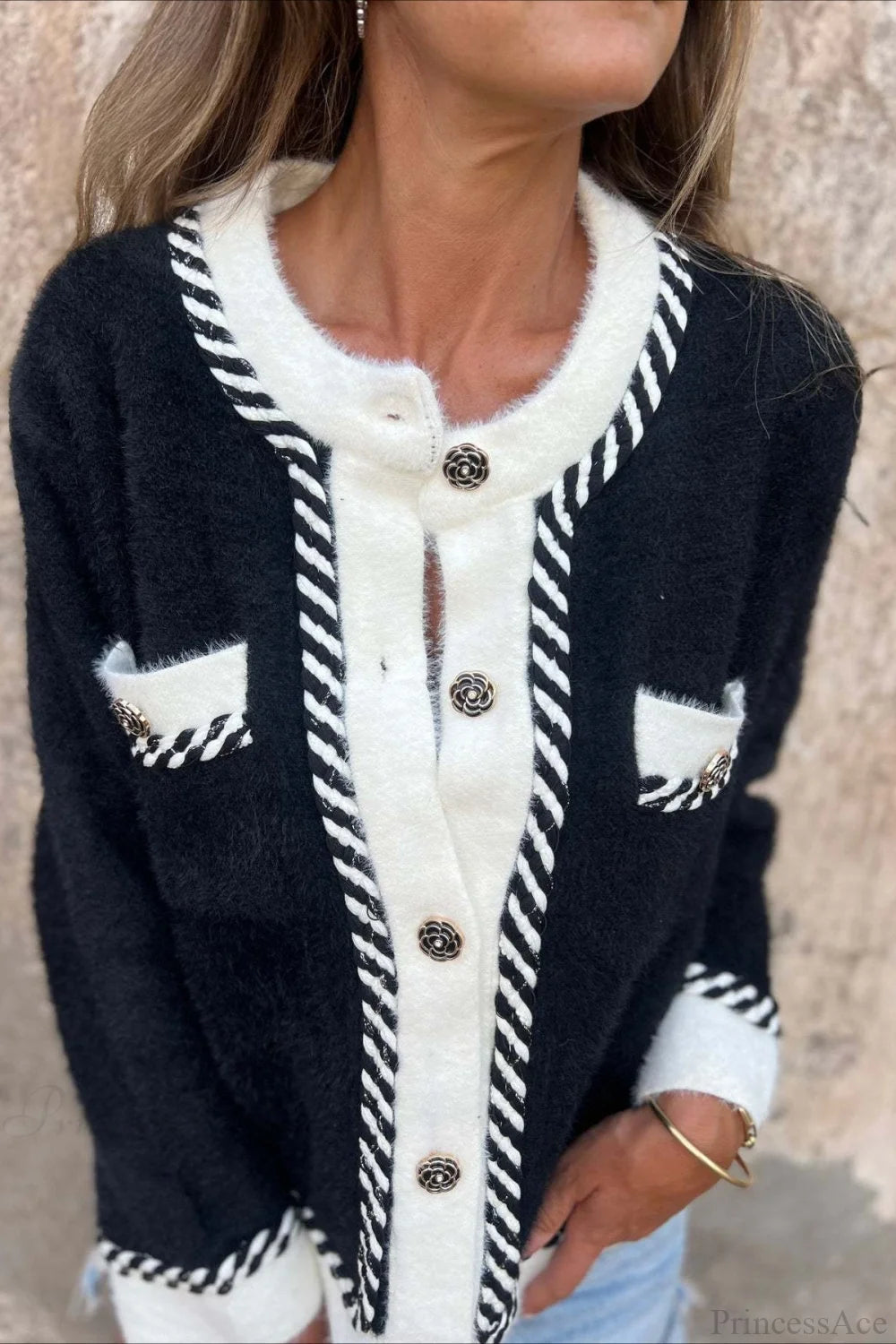 Color Block Button Pocket Wool Coat