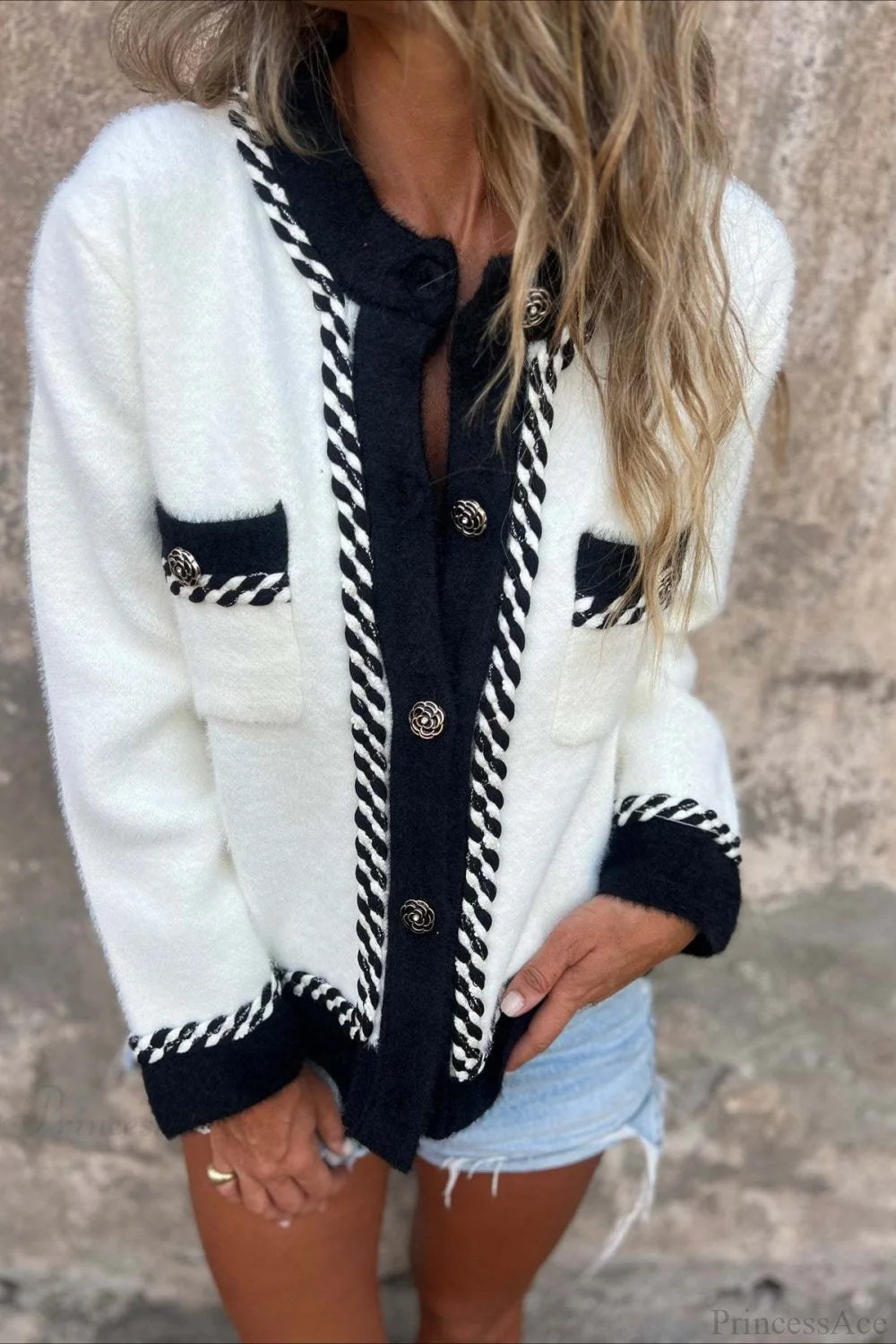 Color Block Button Pocket Wool Coat