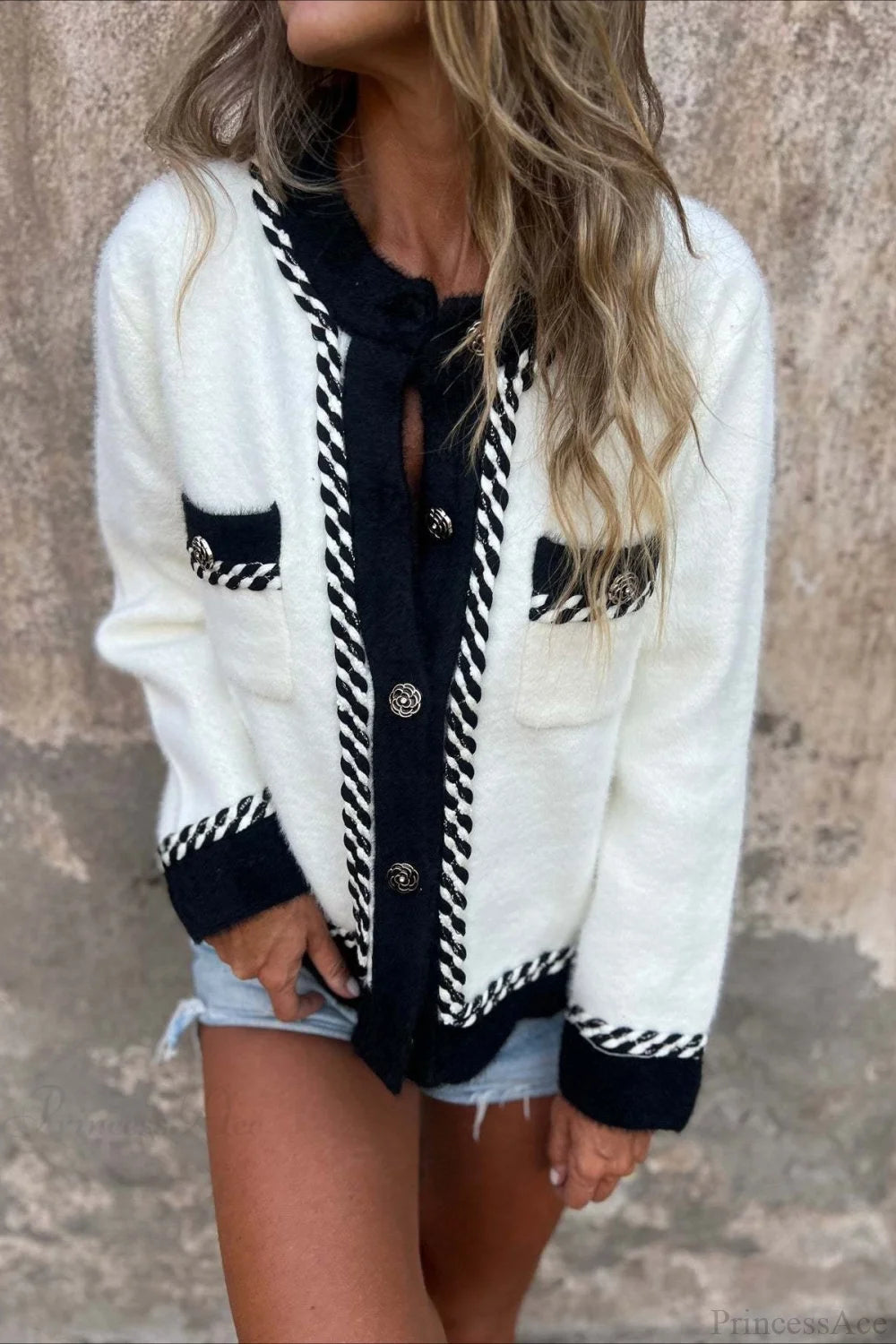 Color Block Button Pocket Wool Coat
