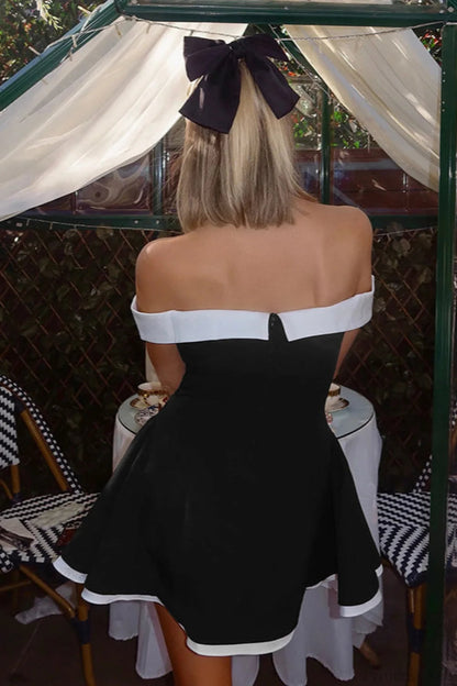Off Shoulder Contrast Color Chest Baring Waist Cinching Mini Dress