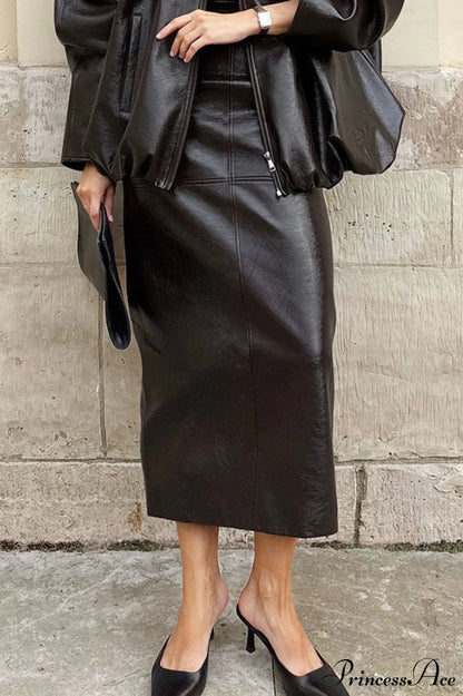 Pu Leather Midi Slit Skirt