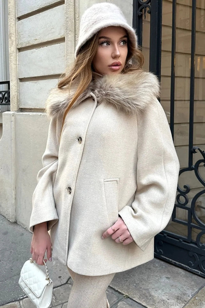 Relaxed Faux Fur Collar Single-breasted Coat