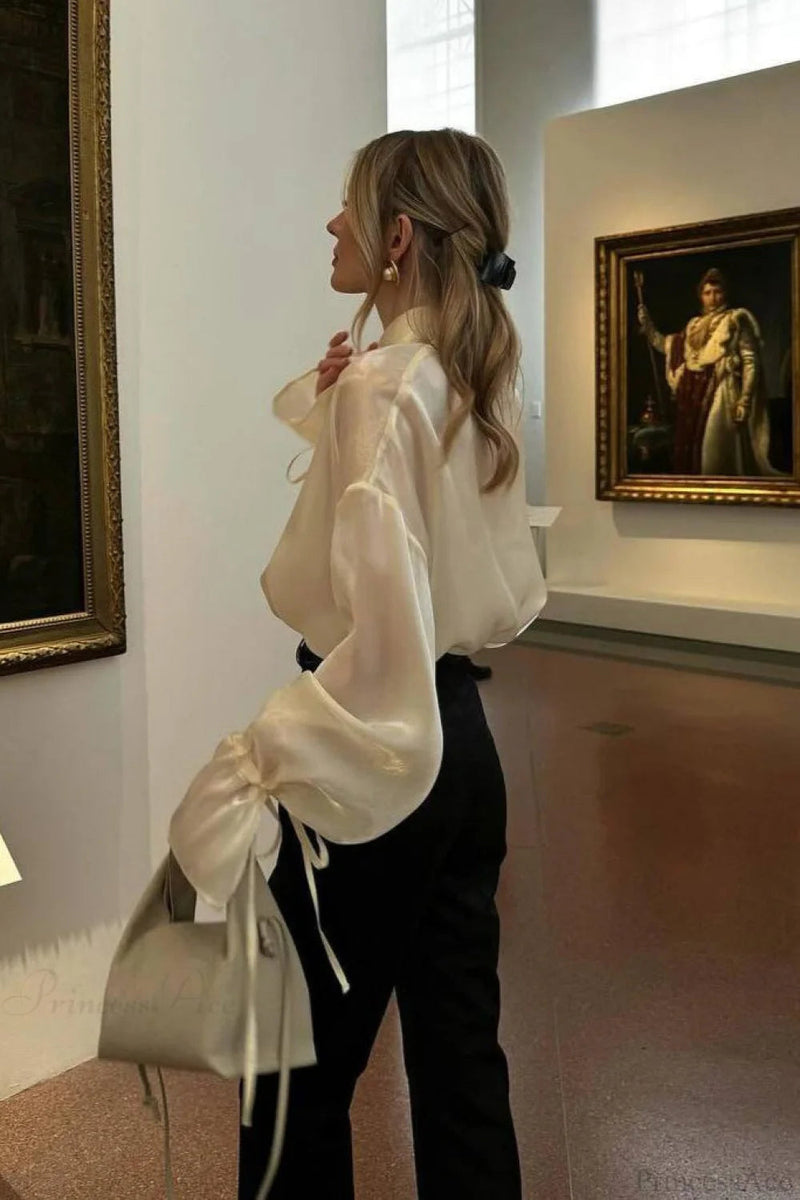 Satin Tie-waist Loose Long Sleeve Blouse
