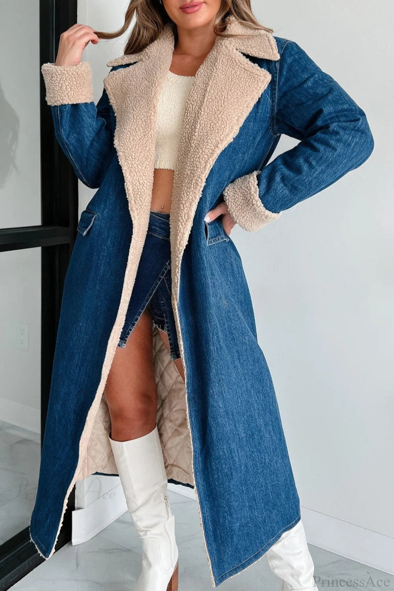Sherpa Tie Waist Dual Pockets Denim Overcoat