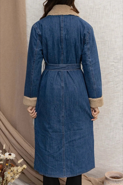 Sherpa Tie Waist Dual Pockets Denim Overcoat
