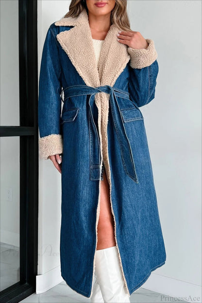 Sherpa Tie Waist Dual Pockets Denim Overcoat